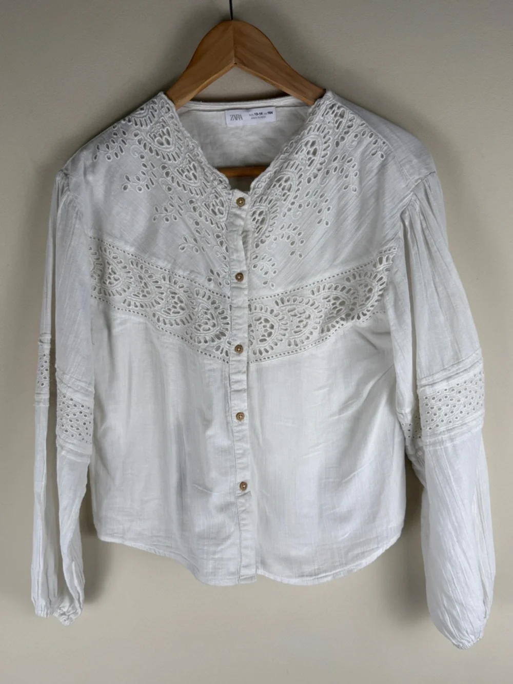 Zara Embroidered‎ Eyelet Blouse Size S (13-14) L/S Button Up Balloon Sleeve EUC